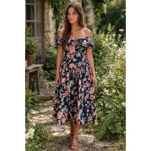 Vintage Feminine Floral Cottagecore Midi Dress S/M Cotton Roses Soft Girl Pink